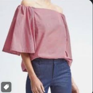 Banana Republic Red White Gingham Off Shoulder flutter sleeve top XS